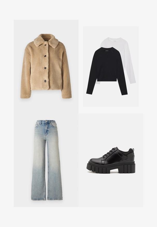Giacca in pelliccia finta di un beige chiaro, con colletto, chiusura frontale con bottoni neri e maniche lunghe. Texture morbida con una finitura soffice.; Due camicie a maniche lunghe: una nera e una bianca. Entrambe presentano un col a girocollo, maniche raglan e un morbido tessuto in misto cotone.; Jeans ampi di colore blu chiaro in denim, con vita alta, cinque tasche e cuciture visibili lungo le cuciture.; Scarpe platform in pelle nera con tacco a blocco robusto, punta rotonda e design tradizionale con lacci. Presentano una superficie liscia e dettagli minimi.