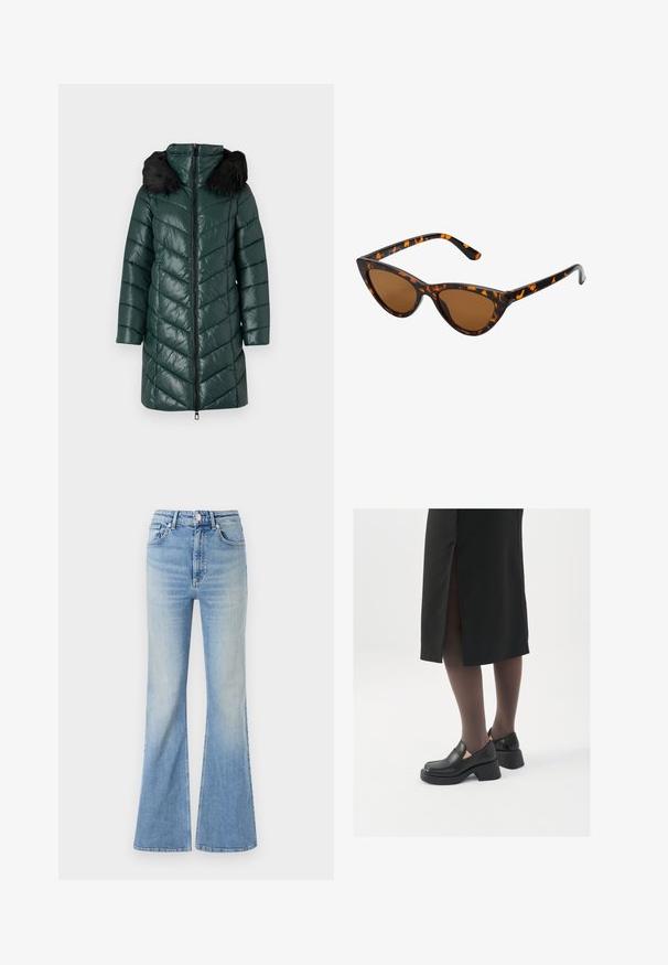 Polstret grøn parka med lynlås foran, chevron-syning og hætte af sort fake fur. Har lange ærmer og en knælang skæring.; Off-the-shoulder, langærmet sweater i olivengrøn, fremstillet af blødt, struktureret stof med en ribbet halsudskæring og glat krop.; Lyseblå flared jeans lavet af denim, med høj talje, fem-lommekonstruktion og en subtil gradientafblegning mod kanten.; Sorte lædersko med rund tå, kraftig blokhæl og elastiske sideaccentuer, parret med mørke strømpebukser og en sort nederdel med slids.; Kat-ejede solbriller med en sort og orange skildpaddemønstret stel, brune linser og slanke, spidse ender. Har et minimalistisk logo på skabelsen.; Sort læder clutchtaske med klap og detaljer i guldmetallisk spænde. Inkluderer en sort rem og et slankt, minimalistisk design.