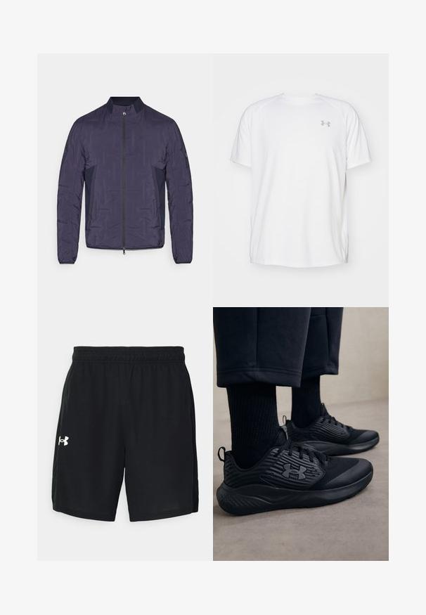 Jachetă ușoară cu umplutură, de culoare albastru marin, cu fermoar frontal, guler ribberat, panouri laterale din plasă și mâneci lungi.; Camică sport cu mânecă scurtă, de culoare albă, fabricată dintr-un material neted. Dispune de un guler tip crew și un logo gri pe pieptul stâng, cu slituri laterale la tiv.; Șorturi atletice negre, dintr-un material ușor, cu un tiv elastic și un logo alb pe partea stângă.; Persoană purtând adidași sport negri cu laturi texturate și logo, asortați cu șosete negre și pantaloni scurți, pe un podea deschisă.