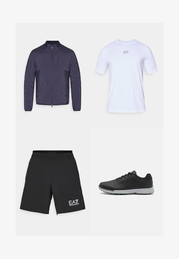 Tamnoplavi lagani jakna od rombastog materijala s prednjim zatvaračem, rebrastim ovratnikom, bočnim mrežastim panelima i dugim rukavima.; Bijela atletska majica kratkih rukava izrađena od lagane, prozračne mrežaste tkanine. Ima okrugli izrez i kružni EA7 logotip na prsima.; Crne atletske šortse izrađene od lagane tkanine s elastičnom waistband. Ima bijeli EA7 logo na donjem desnom dijelu.; Crne sintetičke golf cipele sa teksturiranim gornjim dijelom, vezanjem, i sivim potplatom s iglama za prianjanje.