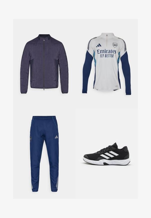 Granatowa, lekka pikowana kurtka z przodem na zamek, ribbowanym kołnierzem, bocznymi panelami z siateczki i długimi rękawami.; Biała longsleeve jersey z granatowymi akcentami, z pół-zamkiem przy dekolcie, z logo "Emirates Fly Better" oraz herbem klubu Arsenal.; Granatowe spodnie dresowe wykonane z lekkiego materiału, z niebieskim akcentem, naszywką z logo oraz trzema białymi paskami wzdłuż dolnej części nóg.; Czarne buty sportowe z teksturowaną siateczką u góry, białymi paskami akcentującymi, amortyzującą podeszwą i wzmocnionym piętą dla wsparcia.