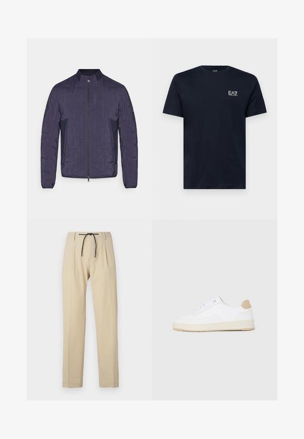 nachtblauwe lichte gewatteerde jas met voorkant rits, ribgebreide kraag, zijpanelen van gaas en lange mouwen.; Marineblauwe katoenen t-shirt met korte mouwen, een ronde hals en een klein wit geborduurd logo op de linkerpunt. Soepele textuur.; Beige broek met een rechte pasvorm, voorzien van een verstelbare tailleband, geplooide voorkant en een soepele textuur. Eenvoudig, veelzijdig ontwerp.; Witte lage sneakers van textuurleer met een romige, ribbelige zool en een tankleurige hakaccent. Voorzien van witte veters en logodetail op de hak.