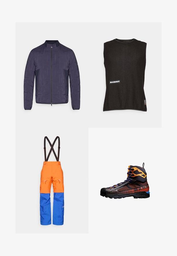 Navy blue lightweight quilted jacket with front zipper, ribbed collar, side mesh panels, and long sleeves.; Sleeveless black top with textured material, featuring a white "Mammut" logo and a small red accent tag on the side, rounded neckline.; Orange and blue waterproof pants with black adjustable suspenders, front zippered pockets, and reinforced knee panels for outdoor activities.; Black and orange hiking boot with mesh and rubber materials. Features blue accents, textured patterns, and a high ankle design for support.