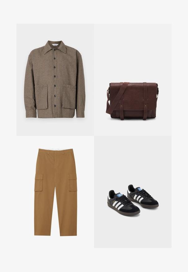 Brown checkered shirt jacket with a notched collar, front button closure, and two patch pockets at the bottom. Textured fabric.; Three long-sleeve shirts: light blue, white, and navy. All have a classic collar and button-down front, made of smooth fabric.; Brown cargo pants with two side pockets, a flat front, and a straight leg cut. Made from a durable fabric with a smooth texture.; Black sneakers with a suede and synthetic upper, featuring three white stripes, textured rubber sole, and blue logo tag on the tongue.; Brown leather messenger bag with a flat front flap, two straps, gold hardware accents, and an adjustable shoulder strap.