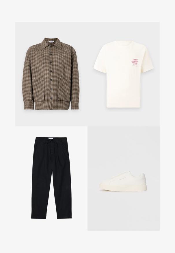 Pruun kirev särk-jakk, millel on nurgeline krae, ees nööpidega kinnitamine ja allosas kaks räti taskut. Tekstuuriga kangas.; Valge lühikeste varrukatega T-särk, millel on vasakul rinnal punane tekst "Studio Originals Edition", esitatud neutraalsel hallil taustal.; Pier One Chino-püksid - black; Valged libisemiskindlad tossud tekstuuriga pinnaga, paksu tallaga ja minimalistikus disainis. Küljel on brändi logo.
