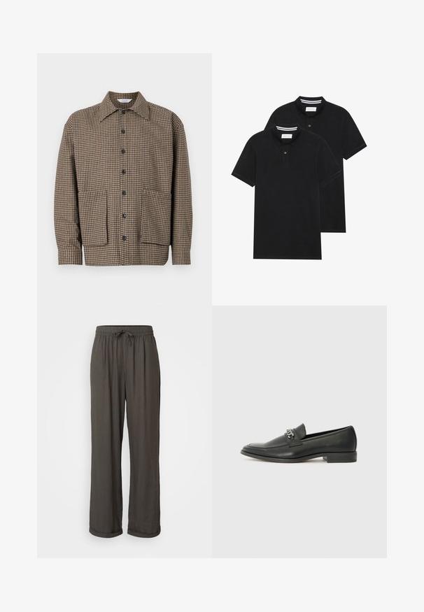 Ruda languota marškininė striukė su įpjovimu priekyje, mygtukų uždarymu ir dviem kišenėmis apačioje. Tekstūruota medžiaga.; Du žaidimų juodos polo marškiniai, trumpomis rankovėmis, pagaminti iš medvilnės, su klasikinėmis apykaklėmis, dviem mygtukais priekyje ir baltais dryžiais apykaklės viduje.; Tamsiai pilkos plačios kelnės su virvute liemenyje, pagamintos iš minkštos, tekstūrinės medžiagos, su apsuktomis kraštinėmis ties kulkšnimis.; Juodos odinės loafer tipo bateliai su lygiu paviršiumi, turintys siuvinėtą dizainą ir dekoratyvų metalo grandinėlės akcentą ant batų viršaus. Plokščias kulnas.