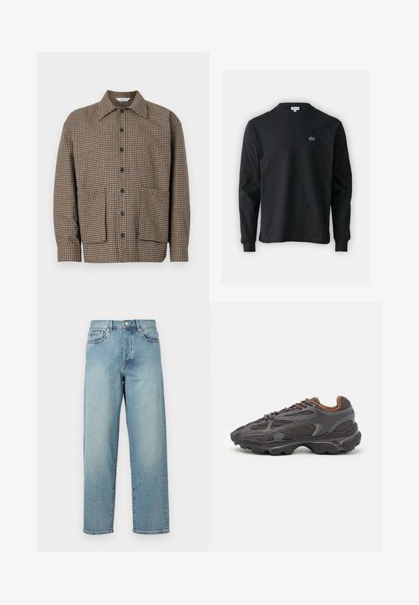 Rjav karo srajčni jopič z zareznim ovratnikom, sprednjim gumbom in dvema žepoma na dnu. Tekstura blaga.; Črna dolgi rokavi majica iz bombaža, z okroglim ovratnikom in majhnim zelenim vezenim logotipom krokodila na levem prsnem delu.; Svetlo modri jeans z ohlapnim krojem, ravnimi hlačnicami, petimi žepi in gumbom za zapiranje pri pasu. Minimalistični detajli šivanja.; Lacoste teniske v temno sivi barvi z mrežasto in sintetično prevleko, s teksturiranim podplatom in rjavimi detajli na ovratniku ter blagovni znamki.