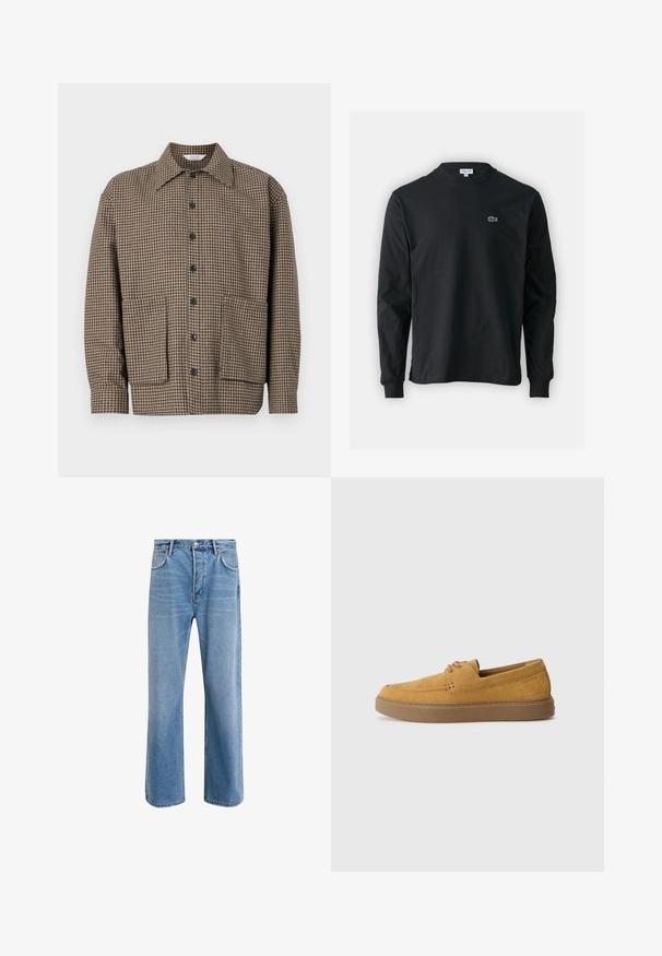 Hnedá kockovaná košeľa s kabátom a výstrihom, predným zapínaním na gombíky a dvomi vreckami s klopou na spodnej strane. Textúrovaná tkanina.; Čierne tričko s dlhým rukávom vyrobené z bavlny, s okrúhlym výstrihom a malým zeleným vyšívaným logom krokodíla na ľavej hrudi.; Svetlo modré denimové džínsy so strihom rovného nohu, päť vreciek, zapínanie na gombík, minimálne vyblednutie a kontrastné švy.; Hnedé semišové mokasíny s textúrovaným povrchom, okrúhlou špičkou a kontrastnou gumovou podrážkou. Obsahuje jemné logo blízko päty.