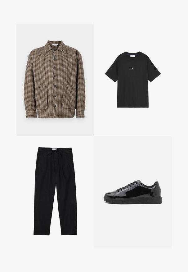 Hnědá kostkovaná košile s límcem do V, vpředu na knoflíky a se dvěma nášivkovými kapsami na spodní straně. Texturovaná látka.; Černé bavlněné tričko s kulatým výstřihem a krátkými rukávy. Na přední straně je malá bílá loga. Jednoduchý design, uvolněný střih.; Pier One Chino kalhoty - black; Černé lakované kožené tenisky s kulatou špičkou, plochou gumovou podrážkou a černými tkaničkami. Hladký, lesklý povrch na vrchní části.