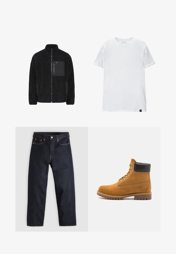 Black fleece jacket with high collar, zip front, and contrasting black pocket. Features soft texture and relaxed fit design.; White muscle fit t-shirt made of cotton. Round neck, short sleeves, smooth texture. Small black logo tag at the hem. Plain design.; Dark blue denim jeans with a straight cut, five pockets, contrasting orange stitching, and a button fly. No visible patterns or embellishments.; Tan suede ankle boot with black padded collar, gold metal eyelets, white stitching detailing, and rugged rubber sole with pronounced treads.