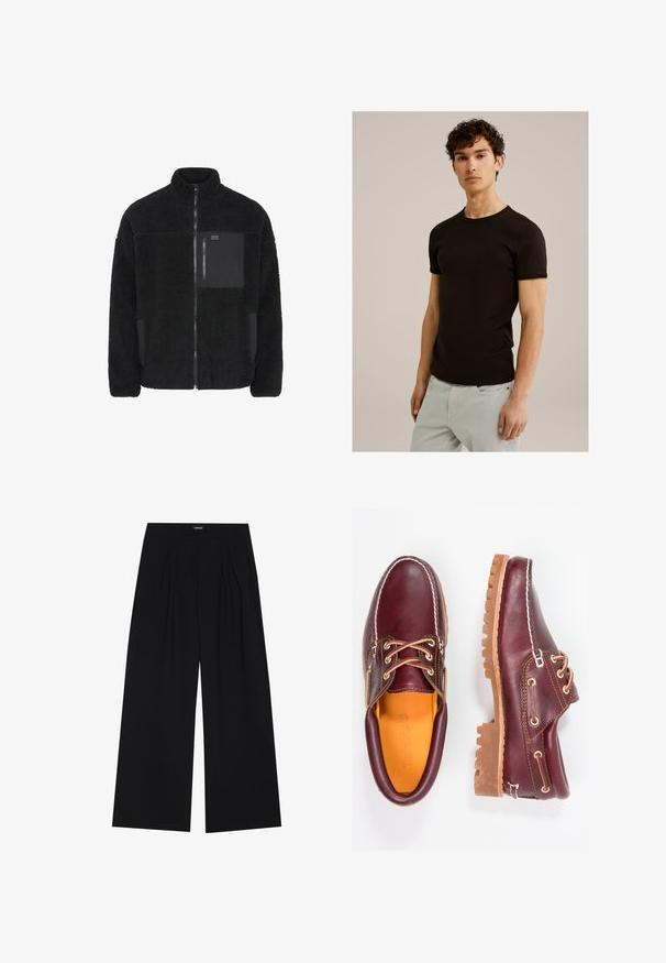 Zwarte fleece jack met hoge kraag, ritssluiting aan de voorkant en contrasterende zwarte zak. Beschikt over een zachte textuur en een ontspannen pasvorm.; Zwarte korte mouwen t-shirt met een ronde halslijn, gemaakt van een gladde, rekbare stof. De pasvorm is slim, ontworpen om dicht tegen het lichaam aan te zitten.; YOURTURN UNISEX - Broek - black; Bordeaux leren schoenen met bruine rubberen zolen, ronde neus, witte stiksels en gouden veterogen. Het interieur heeft een gele voering.