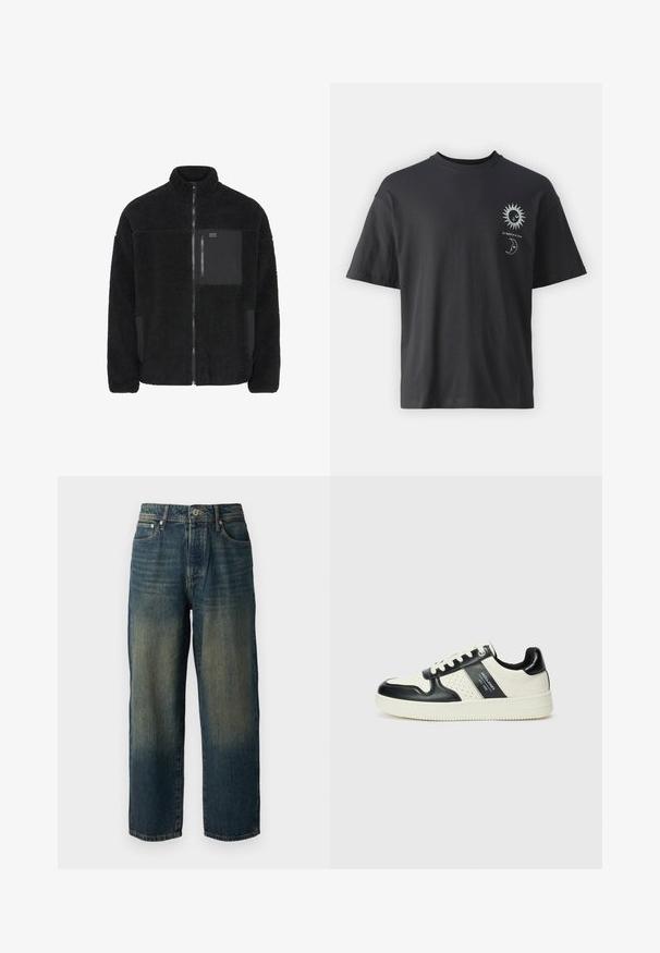 Sort fleecejakke med høj krave, lynlås foran og kontrasterende sort lomme. Har en blød tekstur og afslappet pasform.; Sort bomulds T-shirt med korte ærmer, rund hals og frontgrafik af en sol og måne, ledsaget af teksten "Le Soleil et La Lune."; Blå denimjeans med lige snit, der har et falmet design med lysere nuancer mod nederkanten, fem lommer og en knaplukning.; Lædersneakers i sort og creme farveskema, med perforerede detaljer, en polstret krave og en struktureret ydersål.