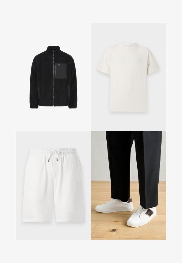 Jachetă din fleece neagră cu guler înalt, fermoar frontal și buzunar contrastant negru. Prezintă o textură moale și un design relaxat.; Tricou alb cu maneci scurte, dintr-un material ribbed. Guler rotund, croi lejer, fără modele sau accente vizibile. Design simplu și versatil.; Pantaloni scurți albi, texturați, cu un elastict la talie, închidere cu șnur, buzunare laterale și o croială lejeră. Potriviți pentru ținute casual.; Sneakers albe cu textură netedă, având accente din piele maro și detalii negre, asociate cu pantaloni negri pe măsură. Fundal din podea din lemn.