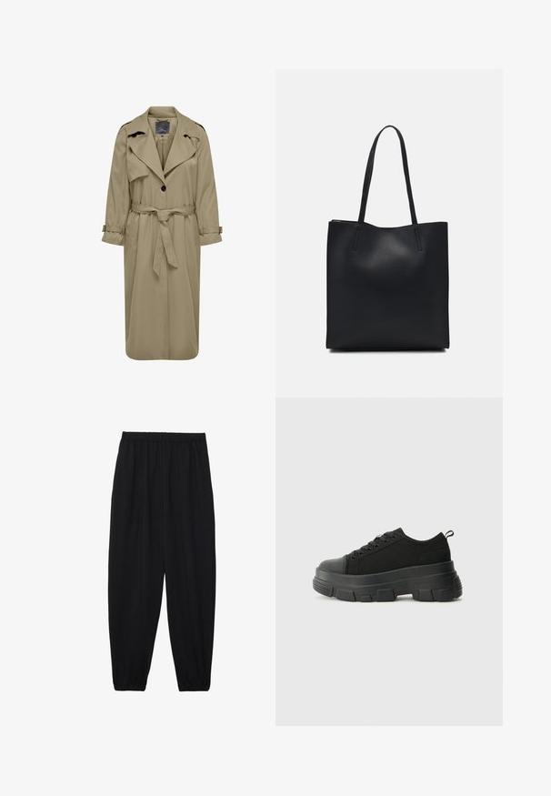 Béžový trenčkot s opaskom v páse, gombíkovým zapínaním a širokými klopami. Má dlhé rukávy s nastaviteľnými popruhmi. Vyrobený z hladkej tkaniny.; Čierny krátky top s odhalenými ramenami, ktorý má dlhé zvonové rukávy, hladkú textúru a biely lem okolo výstrihu. Na chrbte je dekoratívny uzol.; Čierne, ľahké nohavice s elastickým pásom a zúženými nohavicami. Tkanina je hladká a má voľný, zúžený strih.; Čierne tenisky s masívnou gumovou podrážkou, textúrovaným textilným zvrškom, okrúhlou špičkou a šnurovaním. Obsahujú spevnené očká a zadný úchop.; Čierna kožená taška na rameno s hladkým povrchom, obdĺžnikovým tvarom a dvoma dlhými uchami. Bez viditeľného kovania alebo ozdôb.