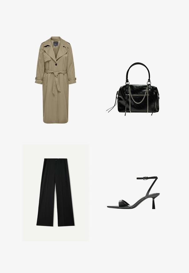 Béžový trenčkot s opaskom v páse, gombíkovým zapínaním a širokými klopami. Má dlhé rukávy s nastaviteľnými popruhmi. Vyrobený z hladkej tkaniny.; Čierny dlhý rukáv skrátený top s okrúhlym výstrihom, jednofarebný dizajn a mierne zakrivený lem.; Bershka WIDE - Nohavice - black; Bershka Sandále na vysokom opätku - black; Bershka WITH CHAIN - Kabelka - black