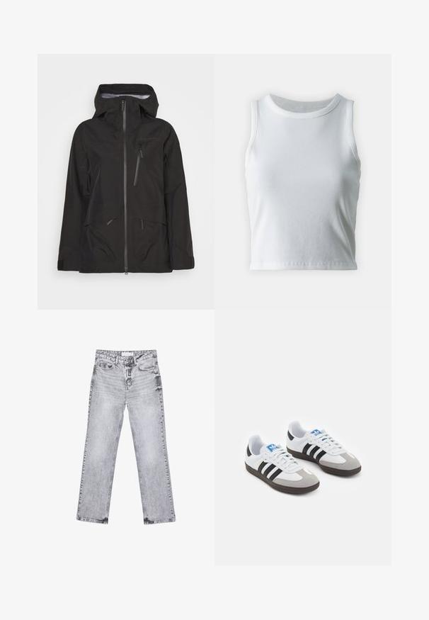 Giacca nera impermeabile con zip anteriore, cappuccio regolabile, numerose tasche con zip e una texture liscia con un taglio moderno.; Top a canotta bianco a coste con scollatura rotonda e senza maniche, caratterizzato da un orlo dritto e una texture liscia e elastica.; Jeans in denim grigio con taglio dritto, dettagli sfilacciati, cinque tasche e rivetti in rame. La cintura presenta un'etichetta con il logo.; Scarpe sportive con tomaia in pelle bianca, punta in suede grigia e tre strisce nere. Presentano un logo blu sulla linguetta e una suola in gomma testurizzata.