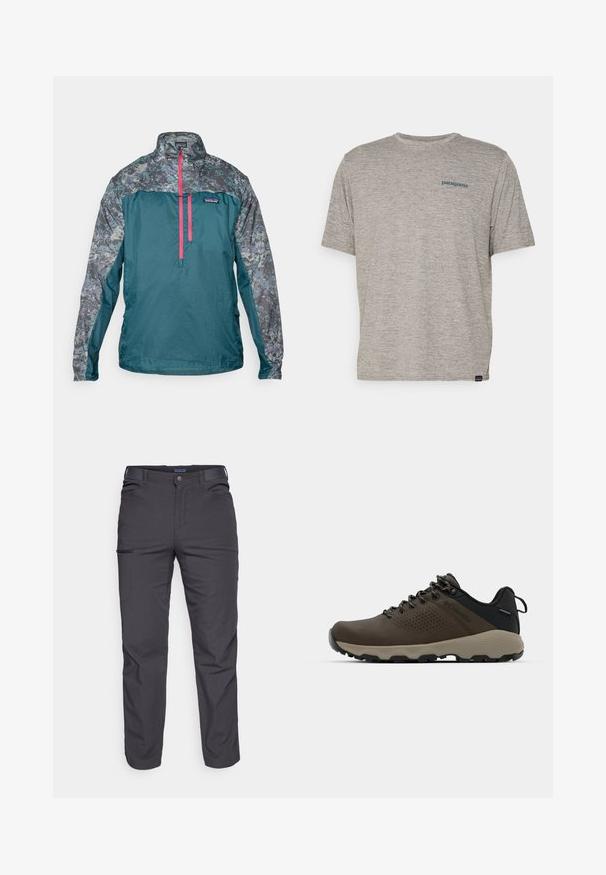 Zelena lahka jakna z vzorčastim sivim zgornjim delom, ki ima četrt zip spredaj in svetlo roza zadrgo. Tekstura tkanine po celem plašču.; Siva majica s kratkimi rokavi iz mehkega, strukturiranega blaga, na levi strani prsnega dela z majhnim modrim logotipom Patagonia. Brez dodatnih vzorcev.; Temno sivi hlače iz trpežnega materiala, ki vsebujejo žep na zadrgo, ravno krojenje in zanke za pas za prilagodljivo prileganje.; Rjave vodoodporne superge z teksturiranim zgornjim delom, perforiranimi detajli, črno podporo za peto in sivo gumijasto podlogo. Šnure imajo metalne konice.