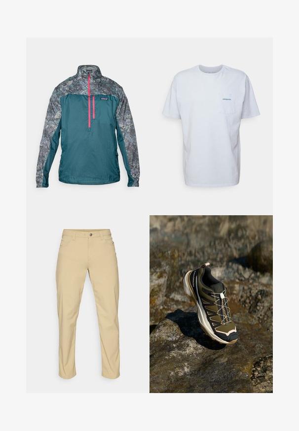 Tengerészkék, könnyű dzseki mintás szürke felső résszel, negyed cipzáras elülső résszel és élénk rózsaszín cipzárral. Az anyag textúrált.; Fehér pamut póló rövid ujjakkal, kerek nyakkal és bal oldalon elhelyezett zsebbel, amelyen egy kék "Patagonia" logó található. Klasszikus szabású, sima textúrával.; Patagonia QUANDARY PANTS - Szabadtéri nadrágok - classic tan; Olívazöld és fekete túrabakancs rózsaszín részletekkel. Jellemzői közé tartozik a texturált felsőrész, a rugalmas talp, a megerősített orr- és a színes fűzőrendszer.