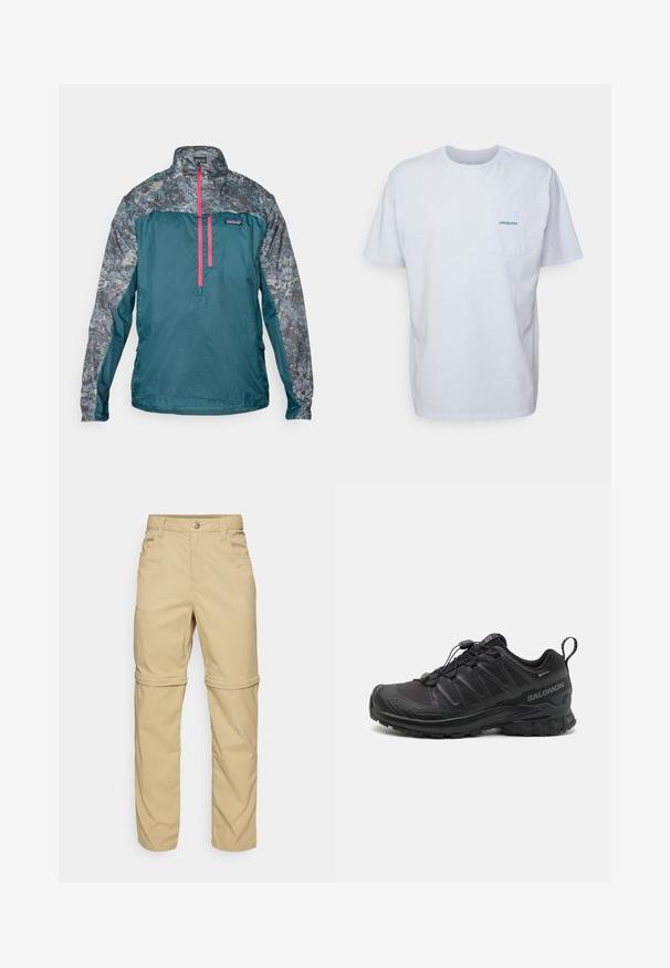 Teal lett jakke med et mønstrete grått øverste parti, med en kvart glidelås foran og lys rosa glidelås. Strukturert stoff gjennomgående.; Hvit bomulls t-skjorte med korte ermer, rund hals og en lomme på venstre bryst med en blå "Patagonia" logo. Klassisk passform med jevn tekstur.; Beige avtakbare bukser med en glatt tekstur, som har to sidelommer, knappelukking og oppbrettede ermer for allsidighet.; Svart sportsko med en teksturert syntetisk overdel, polstret såle og et hurtiglenkesystem. Har forsterket tå og hæl.