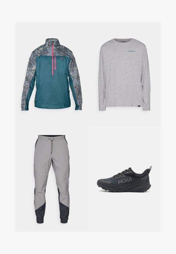 Teal lett jakke med et mønstrete grått øverste parti, med en kvart glidelås foran og lys rosa glidelås. Strukturert stoff gjennomgående.; Lys grå langermet t-skjorte laget av myk, teksturert stoff. Har rund hals og en liten blå Patagonia-logo på brystet.; Lettvektige, grå treningsbukser med svarte detaljer. Elastisk midjebånd, snøring, tapered benedesign og sidelommer.; Svart Hoka løpesko med mesh-overdel, teksturerte detaljer, og en tykk, polstret såle med avsmalnende kanter for forbedret støtte.
