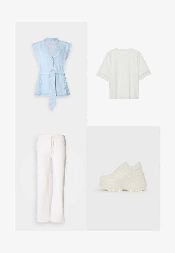 Šviesiai mėlynas džinsinis liemenė su trumpomis rankovėmis, V formos iškirpte, dviem mygtukais ir juosmens diržu. Pabrėžia kontrastingą siuvinėjimą ir išplatintą siluetą.; Balta trumpomis rankovėmis marškinėliai, pagaminti iš medvilnės, su dekoratyviais nėriniais aplink rankoves ir apvaliu kaklu.; Baltos, laisvo kirpimo sportinės kelnės, pagamintos iš minkštos medžiagos, su elastinga juosmens dalimi ir raišteliu, tiesių kojų kirpimu.; Baltos platformos sportbačiai su lygiu odos primenančiu paviršiumi, apvalia forma, paminkštintu apykakle ir tekstūruotu guminiu padu su ryškiais protektoriais.