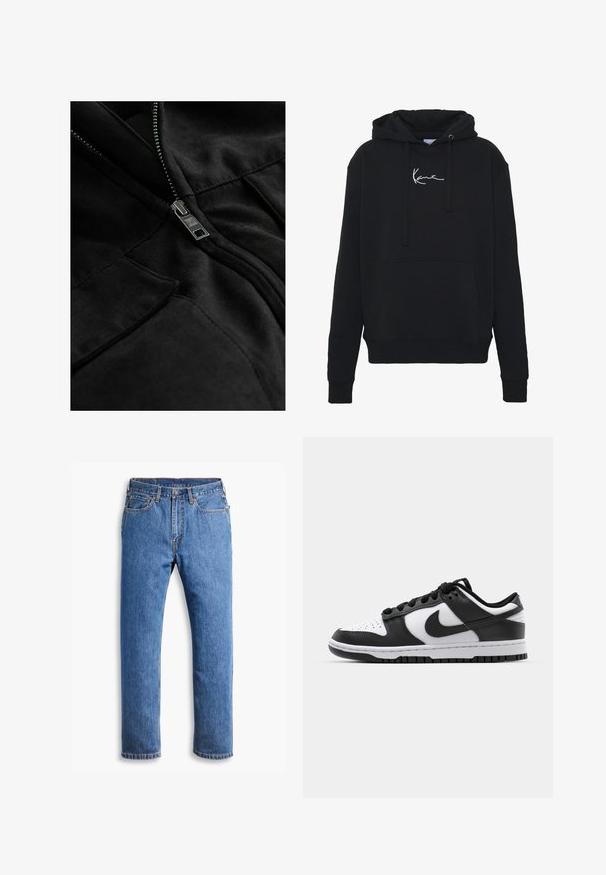 Fekete bolyhos dzseki fényes cipzárral, két zsebbel és sima textúrával, finom varrási részletekkel.; Fekete kapucnis pulóver puha anyagból, elülső zsebbel, húzózsinórral és fehér logóhímzéssel a mellkason. Klasszikus szabású és bordázott mandzsettával.; Kék farmernadrág egyenes szabással, öt zsebbel, gombos záródással és narancssárga varrási részletekkel, tiszta fehér háttér előtt.; Fekete-fehér Nike Dunk sportcipők, bőr felső résszel, perforált orrral, fekete fűzőkkel és fekete gumitalppal, amelyen barázdás minta található.