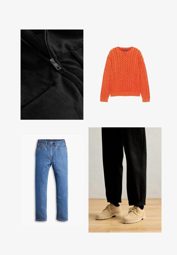 Schwarze Fleecejacke mit metallischem Reißverschluss, zwei Taschen und glatter Textur mit subtilen Nahtdetails.; Oranger gestrickter Pullover mit einem strukturierten Zopfmuster, runden Ausschnitt und gerippten Bündchen und Saum. Hergestellt aus weichem, warmem Stoff.; Blaue Jeans aus Denim mit geradem Schnitt, mit fünf Taschen, einem Knopfverschluss und orangefarbenen Nähten auf einem klaren weißen Hintergrund.; Clarks Originals DESERT ROCK LO - Sportlicher Schnürer - maple