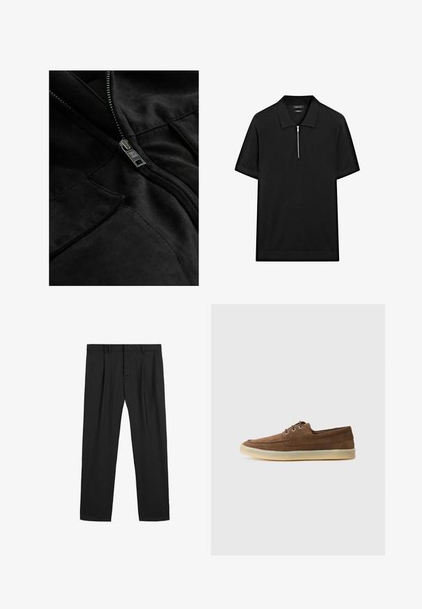 Schwarze Fleecejacke mit metallischem Reißverschluss, zwei Taschen und glatter Textur mit subtilen Nahtdetails.; Schwarzes kurzärmliges Poloshirt mit Stehkragen und einem Reißverschluss vorne. Hergestellt aus einem glatten Stoff mit einem klaren, minimalistischen Design.; Schwarze plissierte Hose aus einem glatten Stoff, mit einem traditionellen Bund und geradem Bein. Keine sichtbaren Muster oder Metallteile.; Braune Wildlederschuhe mit niedriger Profilhöhe, Schnürdesign, Gummisohle und kontrastierenden Nähdetails. Schlichtes und funktionales Design.