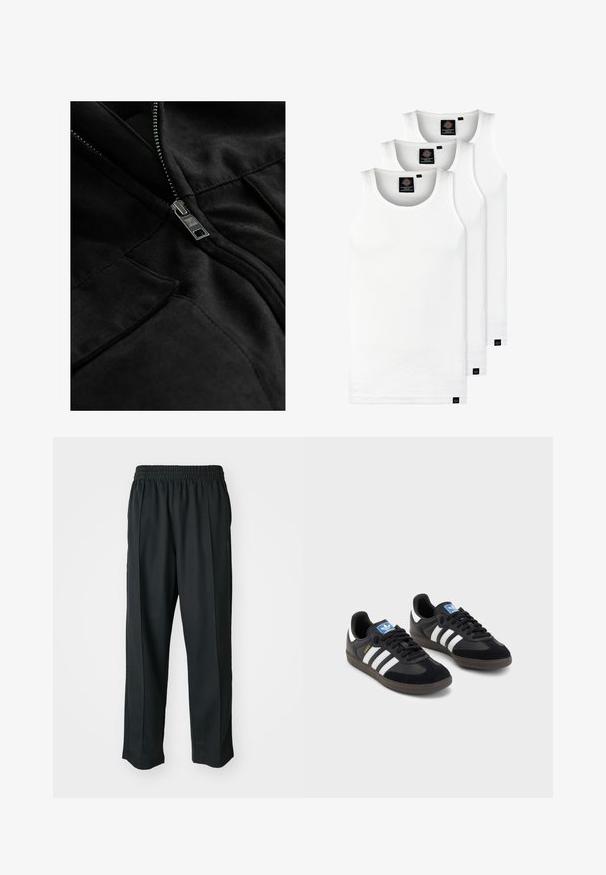 Giacca in pile nera con zip metallica, due tasche e texture liscia con dettagli di cucitura discreti.; Tre canotte bianche a coste in cotone. Presentano un colletto rotondo e piccole etichette nere vicino all'orlo. Disponibile in diverse taglie.; Pantaloni sportivi neri con vita elastica, realizzati in tessuto liscio, con cuciture laterali sottili e un fit rilassato, design a gamba dritta.; Sneakers neri con tomaia in suede e materiale sintetico, caratterizzati da tre strisce bianche, suola in gomma testurizzata e etichetta blu sul linguetta.