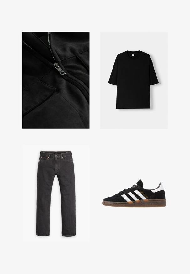Svart fleecejacka med metallblixtlås, två fickor och en mjuk textur med subtila sömnadsdetaljer.; Svart bomulls t-shirt med kort ärm, rund hals och en avslappnad passform. Slät textur och minimalistisk design, inga mönster eller accentuerade detaljer.; Svarta raka denimjeans med fem fickor, knappstängning och kopparnitar liggande platt på en vit bakgrund.; Svarta Adidas-sneakers med vita ränder, guld "Spezial" text, gummisulor och vit hälflik, visade i profilvy.