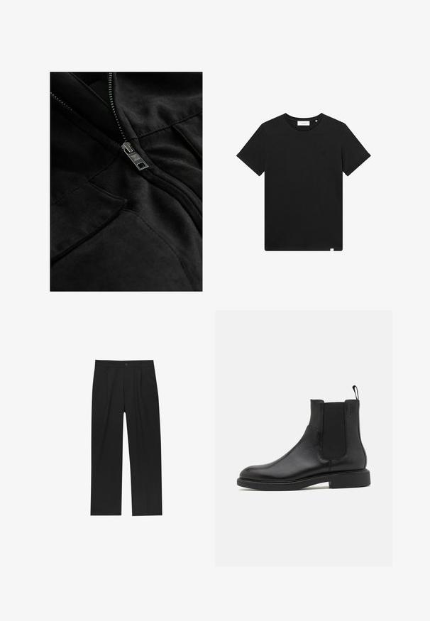 Black fleece jacket featuring a metallic zipper, two pockets, and smooth texture with subtle stitching details.; Black short-sleeve T-shirt made of cotton, featuring a crew neck and a small logo embroidered on the chest. Smooth texture, standard fit.; Black pants with a straight-leg design, made from a smooth fabric. Features front pleats and a single button closure at the waist.; Black leather ankle boot with smooth texture, elastic side panels, and a pull tab. Round toe and flat rubber sole with minimal tread.