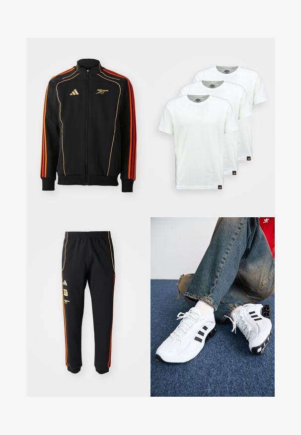 Schwarze Zip-up-Jacke mit goldenen und orangenen Akzenten. Verfügt über drei orangefarbene Streifen an den Ärmeln und ein Logo auf der Brust. Hergestellt aus weichem Stoff.; Drei schlichte weiße Baumwoll-T-Shirts mit kurzen Ärmeln. Jedes Shirt hat einen runden Ausschnitt und ein kleines schwarzes Logotipo auf der linken Seite.; Schwarze Sporthosen mit elastischem Bund, goldenen und roten Seitenstreifen sowie gelben Logos am linken Oberschenkel.; Weiße Mesh-Sportschuhe mit schwarzen Akzenten, die ein strukturiertes Design und eine markante Sohle aufweisen, kombiniert mit blauen Jeans.