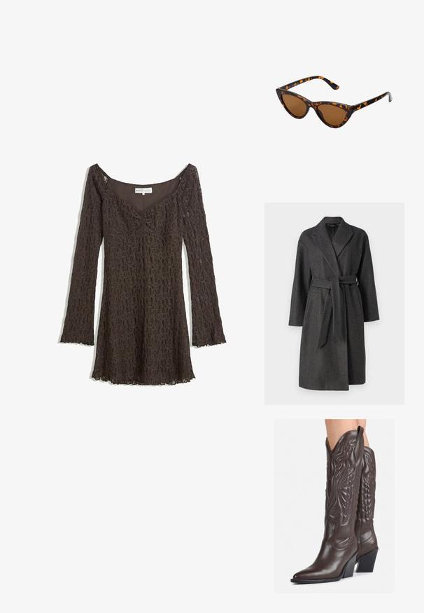 Gray wool blend coat with a lapel collar, long sleeves, tie belt, and two front pockets. Smooth texture and knee-length design.; Brown lace dress with long sleeves, off-shoulder design, floral pattern, gathered front detail, and scalloped hem.; Brown leather cowboy boots with pointed toe and block heel, featuring detailed stitching and raised accents on the shaft.; Cat-eye sunglasses with a black and orange tortoiseshell frame, brown lenses, and sleek, pointed tips. Features a minimal logo on the temple.