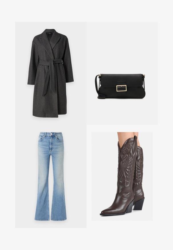 Palton din amestec de lână gri, cu rever, mâneci lungi, curea de legare și două buzunare frontale. Textură netedă și design până la genunchi.; Pulover cu umeri descoperiți, cu mâneci lungi, de culoare verde măslin, realizat dintr-un material moale, texturat, cu guler ribbed și corp neted.; Blugi evazați de culoare albastru deschis, confecționați din denim, cu talie înaltă, design cu cinci buzunare și o ușoară estompare a culorii spre tiv.; Bocanci de cowboy din piele maro, cu vârf ascuțit și toc pătrat, având cusături detaliate și accente ridicate pe tijă.; Geantă de mână din piele neagră, cu clapetă și un detaliu din metal auriu. Include o curea neagră și un design elegant, minimalist.; Cercei din argint cu un design torsadat, având un finisaj lucios și închidere cu tijă. Au un diametru de aproximativ 3 cm.