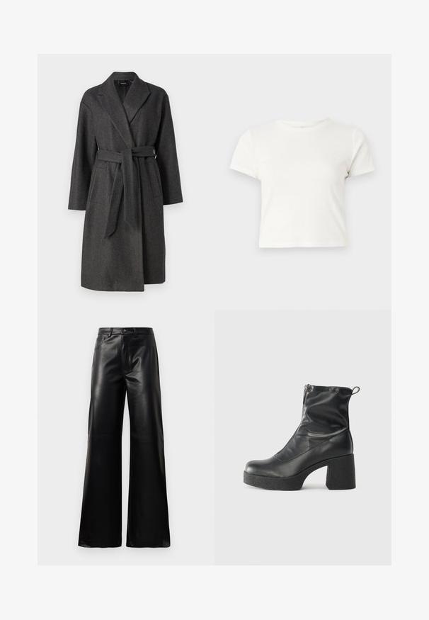 Hallitusmustast villasegusest mantlist, millel on krae, pikad varrukad, sidumisrihm ja kaks esikotti. Sile tekstuur ja põlvekohani ulatuv disain.; Lühike valge T-särk, mis on valmistatud puuvillast, lühikeste varrukatega, ümmarguse kaelusega ja sirge lõikega, omades sileda tekstuuri ja minimaalset disaini.; Mustad talje laiad jalad kunstnahast püksid esipaneeli nööbi ja lukuga, vöödega ja küljetaskutega valge tausta peal.; Mustad mustad ansapüksid, mis on valmistatud siledast nahast, külje zipperiga, paksu tekstuuriga kontsaga ja ümmarguse nina disainiga.