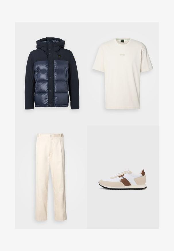 Tengerészkék puffernadrág kapucnival. Különleges, steppelt kivitel, gombos záródás és oldalsó cipzáras zseb található rajta. Fényes és matt anyagból készült.; BOSS TEE - Basic póló - open white; Beige pamut nadrág egyenes szárú kivágással, gombos záródással és elülső redőkkel a részletek fokozása érdekében.; Fehér hálós anyag és bézs velúr keverékével készült sportcipők, barna bőr díszítéssel. Lekerekített orr, lapos gumitalp és fűzős kivitel.