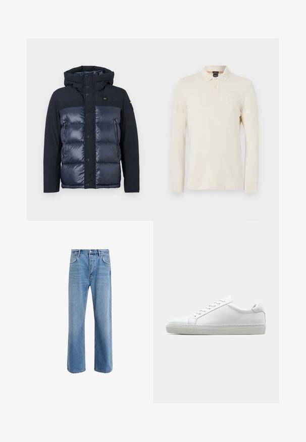 Námořnická pufová bunda s kapucí. Má prošívaný povrch, zapínání na knoflíky a postranní zipovou kapsu. Vyrobena z lesklé a matné tkaniny.; Pánská polokošile s dlouhým rukávem ve světle béžové barvě, vyrobená z hladkého materiálu, s límečkem, zapínáním na dva knoflíky a malou nášivkou loga na hrudi.; Světle modré džínové kalhoty s rovnými nohavicemi, pěti kapsami, zapínáním na knoflík, minimálním vyblednutím a kontrastním prošitím.; Bílé tenisky s hladkým koženým svrškem a nízkým profilem. Mají zaoblenou špičku, šest nýtů a texturovanou gumovou podrážku.