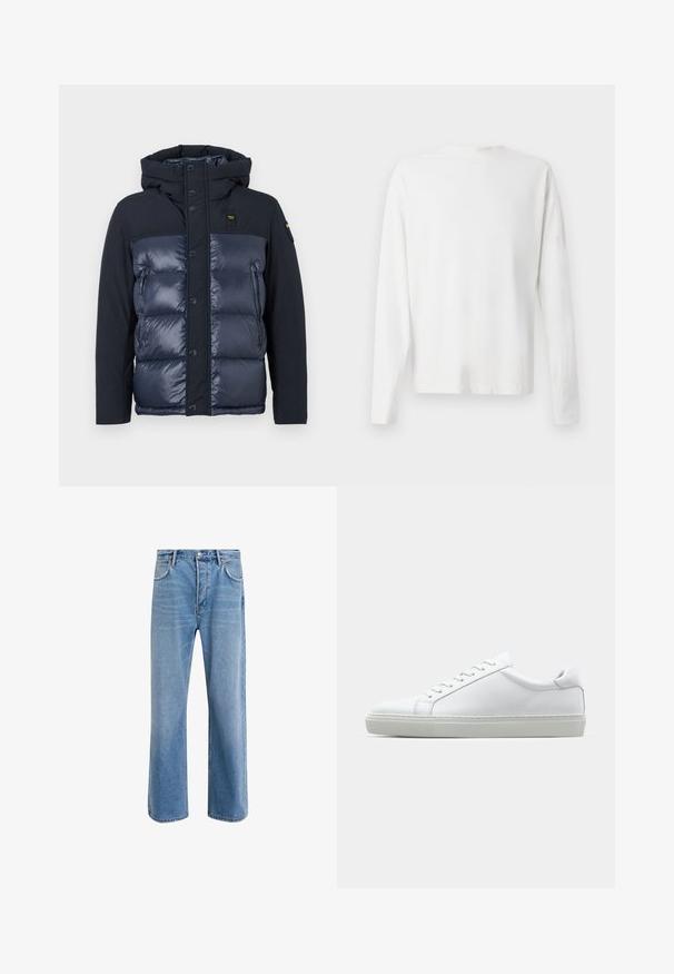 Veste rembourrée marine avec capuche. Elle présente une finition matelassée, une fermeture à boutons et une poche zippée sur le côté. Fabriquée en tissu brillant et mat.; Chemise en coton blanc à manches longues avec un col rond, fentes latérales en bas et une texture lisse, présentée de dos.; Jeans en denim bleu clair avec une coupe droite, cinq poches, fermeture à bouton, peu d'usure et des détails de couture contrastés.; Sneaker blanche avec une tige en cuir lisse et un profil bas. Présente un bout arrondi, six œillets et une semelle en caoutchouc texturé.