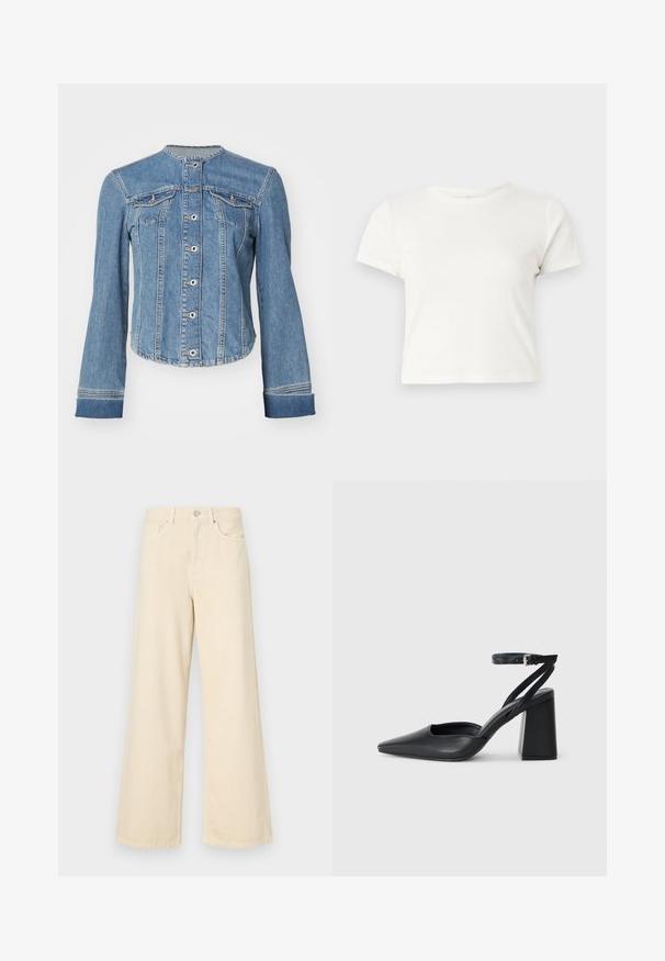 Hele sinine teksajakk mandariinikaelusega, ees nupuga sulgemine, kaks rinnataskut ja pikad, mansetiga varrukad. Kergelt lühendatud lõige.; Lühike valge T-särk, mis on valmistatud puuvillast, lühikeste varrukatega, ümmarguse kaelusega ja sirge lõikega, omades sileda tekstuuri ja minimaalset disaini.; Bežid laiad teksad, mis on valmistatud puuvillast. Omab nööbilukku, vöökohakujusid ja eesmine taskuid, millel on sile ja pehme tekstuur.; Mustmustest must-käigukingad, millel on konksuga nöör ja paks konts. Ühtlane tekstuur, stiilne disain ja minimalistlik esteetika.