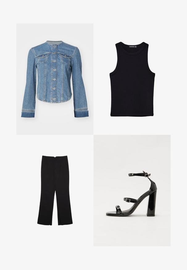 Svetlo modra jeans jakna z mandarin ovratnikom, sprednjim gumbom, dvema žepoma na prsih in dolgimi rokavi s manšetami. Rahlo skrajšan kroj.; Črna majica brez rokavov iz bombaža, z okroglim izrezom in širokimi odprtinami za roke. Gladka tekstura s šivi na robovih. Klasičen, minimalističen dizajn.; Črne hlače ravnega kroja z naglavnimi žepi in stranskimi razporki na robu. Narejene iz mehke, gladke tkanine. Primerne za različne priložnosti.; Črne lakirane sandale s peto, kvadratnim prstom, trakovi okrog gležnja in srebrnimi zaponkami. Opremljene so s stabilno Debelo peto.
