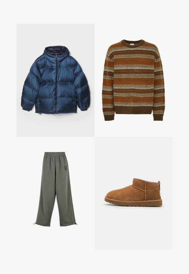 Filippa K - Kurtka puchowa; Solid MAXWELL brązowy; Karl Kani SIDESTRIPE jasnozielony melanż; Beżowe zamszowe botki za kostkę z okrągłym noskiem, subtelnymi detalami przeszyć oraz teksturowaną gumową podeszwą. Niskie, bez sznurówek.