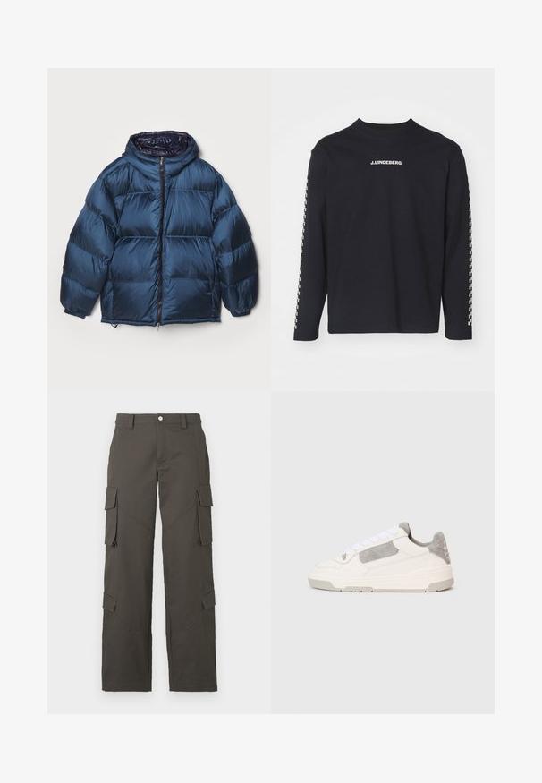 Filippa K PUFFER JACKET - Dunjacka - dawn blue/navy; Långärmad svart T-shirt i bomull, med rund halsringning och J.Lindeberg-logotyp på bröstet, samt rutmönster på ärmarna.; Mörkgrå raka cargobyxor med knappstängning och fyra fickor med lock, två på låren och två nära vaderna.; Vita och ljusgrå låg sneakers med vita snören och mockadetaljer, visad från sidan på en enkel ljus bakgrund.