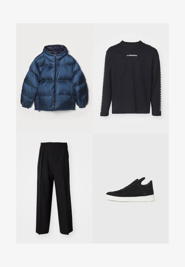 Filippa K PUFFER JACKET - Gewatteerde jas - dawn blue/navy; Zwart T-shirt met lange mouwen van katoen, met een ronde hals en het J.Lindeberg-logo op de borst, met een geruit patroon op de mouwen.; Zwarte geplooide broeken met een rechte, brede pijpontwerp. Gemaakt van soepele stof, met een knoopsluiting en riemlussen.; Zwarte suède sneakers met een witte rubberen zool, voorzien van tonale stiksels en een vetersluiting. Glad oppervlak met een moderne, gestroomlijnde vorm.