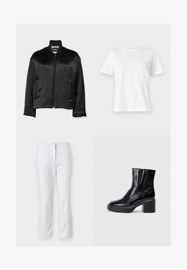 Černá bomber bunda vyrobená z hladkého, lesklého materiálu s příčným límcem, předním zipem a dvěma bočními kapsami. Žádné viditelné vzory ani akcenty.; Bílý bavlněný tričko s krátkým rukávem, kulatým výstřihem a volnějším střihem. Hladká textura, bez vzorů nebo akcentů, minimalistický design.; Bílé bavlněné kalhoty s rovnou nohavicou, s středně vysokým pasem a bez viditelných kovových prvků nebo vzorů. Hladká textura po celém povrchu.; Černé lakované kotníkové boty s zakřivenou špičkou, elastickými bočními panely a robustním blokovým podpatkem. Na zadní straně se nachází embosované logo.
