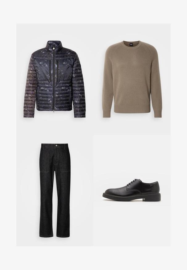 Padded jacket in dark blue with a textured, patterned finish. Features a high collar, two zippered pockets, and a sleek silhouette.; BOSS EMALVO - Jumper - open green; Black denim pants with a straight leg, visible stitching, and a front button closure. Includes two side pockets and two back pockets.; Black leather lace-up shoe with a rounded toe, smooth texture, minimal stitching, and a low rubber heel. Logo on the heel.