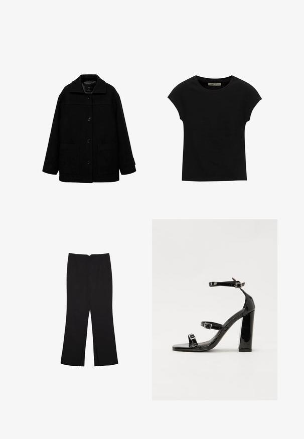 Crna jakna od vune s dodatkom sintetičkih vlakana, koja ima ovratnik, prednje dugme zatvaranje i dva velika bočna džepa. Labav fit s glatkom teksturom.; Crna majica kratkih rukava s okruglim izrezom. Izrađena od glatkog, rastezljivog pamučnog materijala. Jednostavan dizajn bez uzoraka ili grafika.; Crne hlače ravnog kroja, s prednjim džepovima i bočnim prorezima na rubu. Izrađene od mekog i glatkog materijala. Pogodne za razne prigode.; Crne lakirane sandale na pete sa kvadratnim nosom, trakama oko gležnja i srebrnim kopčama. Imaju čvrst blok petu za stabilnost.