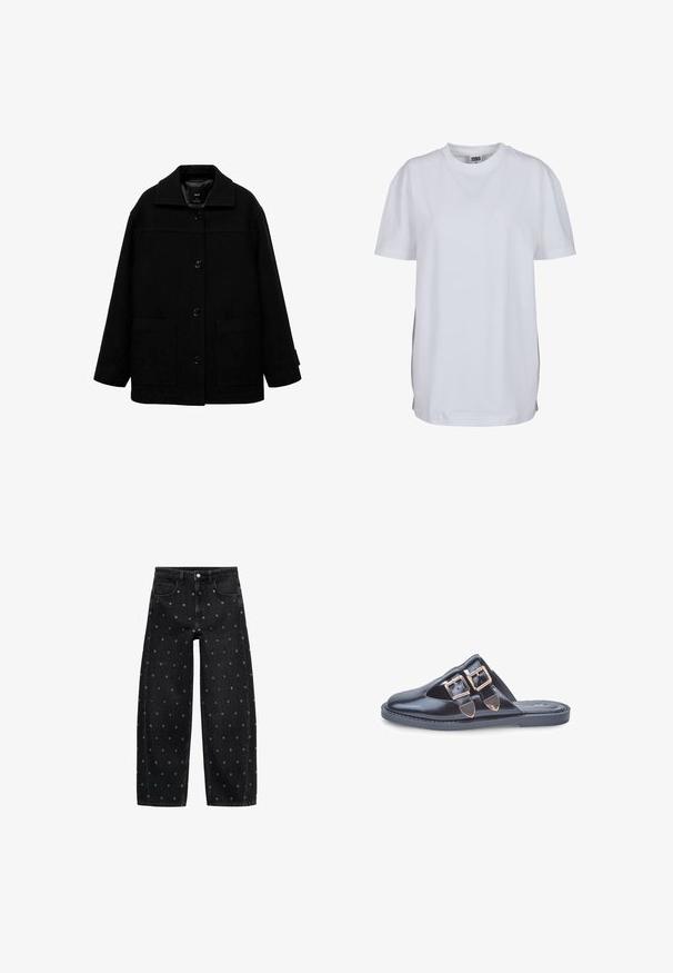 Crna jakna od vune s dodatkom sintetičkih vlakana, koja ima ovratnik, prednje dugme zatvaranje i dva velika bočna džepa. Labav fit s glatkom teksturom.; Bijela majica kratkih rukava od pamuka, s okruglim izrezom i opuštenim krojem, bez vidljivih uzoraka ili grafike.; Crne traperice širih nogavica s uzorkom malih srebrnih grometa, klasičnog dizajna s pet džepova i zatvaranjem na kopčanje.; Crne kožne klompe bez pete sa šiljastim vrhom i dvije zlatne kopče na gornjem dijelu, ravna gumena potplat, fotografirane na bijeloj pozadini.