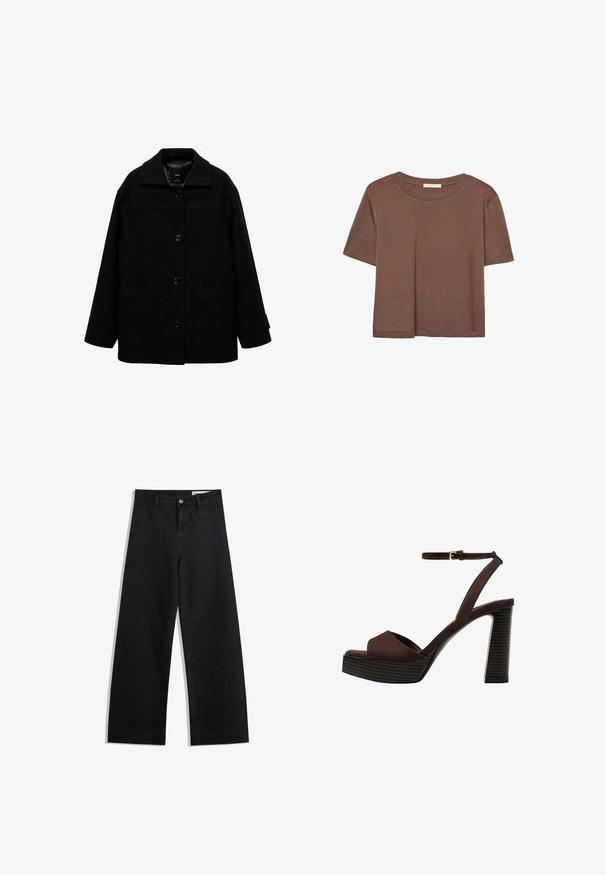 Crna jakna od vune s dodatkom sintetičkih vlakana, koja ima ovratnik, prednje dugme zatvaranje i dva velika bočna džepa. Labav fit s glatkom teksturom.; Smeđi kratki rukav majica od mekog materijala, s okruglim izrezom i opuštenim krojem. Nema vidljivih uzoraka ili naglasaka.; Crne široke traperice s visokim strukom, s prednjim i stražnjim džepovima, šivenim šavovima i kopčanjem na gumb. Glatka tekstura.; Smeđe zamšaste sandale s visokim potpeticama, otvorenim prstima, podesivom trakicom oko gležnja i prugastom platformom.