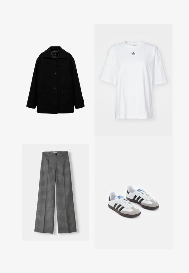 Black wool-blend jacket featuring a collared neck, front button closure, and two large side pockets. Loose fit with a smooth texture.; White short-sleeve t-shirt made of cotton. Features a crew neck and a small black Adidas logo on the chest. Straight-cut hem.; Gray wide-leg trousers with a pinstripe pattern, featuring a button closure and two front pockets. Made from textured fabric.; Sport shoes with a white leather upper, gray suede toe, and three black stripes. Features a blue logo on the tongue and a textured rubber sole.