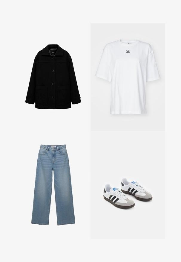 Jachetă din lână neagră cu amestec, având guler, închidere cu nasturi în față și două buzunare mari pe lateral. Croială lejeră cu o textură netedă.; Tricou alb cu mânecă scurtă, fabricat din bumbac. Are un guler rotund și un mic logo negru Adidas pe piept. Tiv drept.; Jeans largi de un albastru deschis, fabricate din denim. Au talie înaltă, cinci buzunare și croială dreaptă, cu o decolorare minimă.; Încălțăminte sport cu un superior din piele albă, vârf din suede gri și trei dungi negre. Prezintă un logo albastru pe limbă și o talpă din cauciuc texturat.